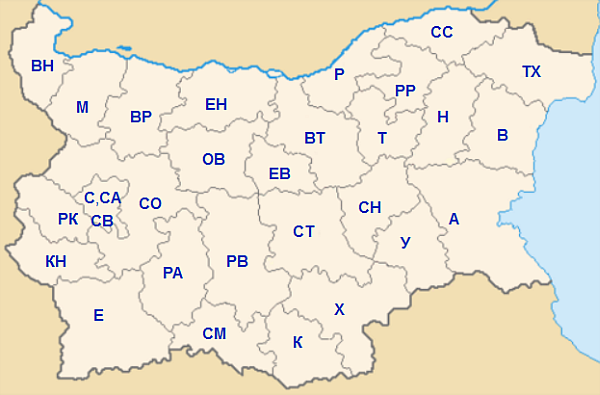 Bolgár területkódok térképe