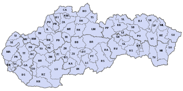 Szlovák területkódok térképen