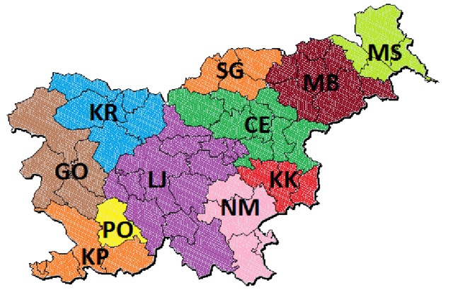 Szlovén területkódok térképe